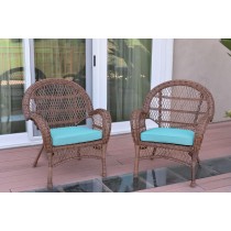 Santa Maria Honey Wicker Chair with Sky Blue Cushion - Set of 2