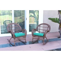 Santa Maria Honey Wicker Rocker Chair with Turquoise Cushion - Set of 2