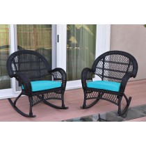 Santa Maria Black Wicker Rocker Chair with Sky Blue Cushion - Set of 2