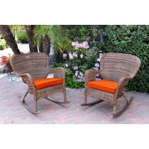 Set of 2 Windsor Honey Resin Wicker Rocker Chair with Orange Cushions