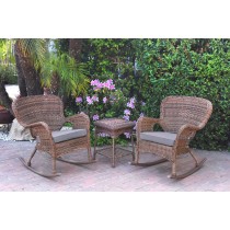 Windsor Honey Wicker Rocker Chair And End Table Set With Steel Blue Chair Cushion