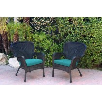 Set of 2 Windsor Black Resin Wicker Chair with Turquoise Cushion