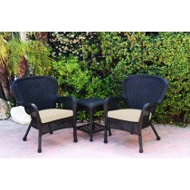 Windsor Black Wicker Chair And End Table Set With Ivory Chair Cushion