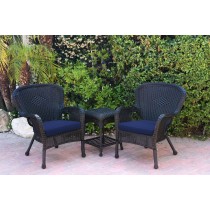 Windsor Black Wicker Chair And End Table Set With Midnight Blue Chair Cushion