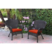 Set of 2 Windsor Espresso Resin Wicker Chair with Brick Red Cushions