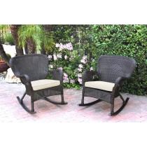 Set of 2 Windsor Espresso Resin Wicker Rocker Chair with Ivory Cushions