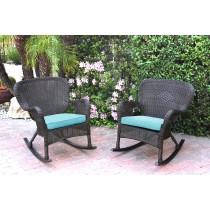 Set of 2 Windsor Espresso Resin Wicker Rocker Chair with Sky Blue Cushions