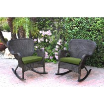 Set of 2 Windsor Espresso Resin Wicker Rocker Chair with Hunter Green Cushions