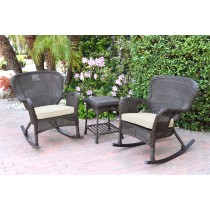 Windsor Espresso Wicker Rocker Chair And End Table Set With Ivory Chair Cushion