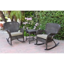 Windsor Espresso Wicker Rocker Chair And End Table Set With Tan Chair Cushion