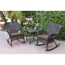 Windsor Espresso Wicker Rocker Chair And End Table Set With Brown Chair Cushion