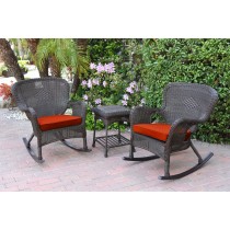Windsor Espresso Wicker Rocker Chair And End Table Set With Brick Red Chair Cushion