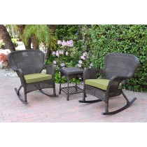 Windsor Espresso Wicker Rocker Chair And End Table Set With Sage Green Chair Cushion