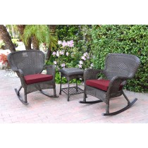 Windsor Espresso Wicker Rocker Chair And End Table Set With Red Chair Cushion