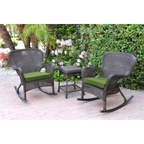 Windsor Espresso Wicker Rocker Chair And End Table Set With Hunter Green Chair Cushion