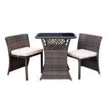 3PC WICKER CHAIR/TABLE BISTRO SET BROWN / IVRY CUSHION