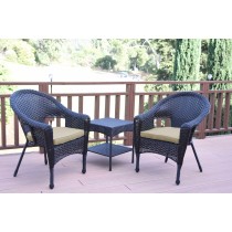 Set of 3 Espresso Resin Wicker Clark Single Chair with 2 inch Tan Cushion and End Table