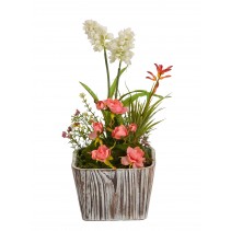 Floral arrangement with wooden  pot