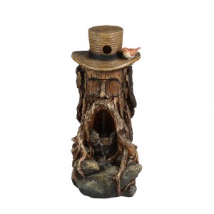 31 Inch Tree Stump Face Fountain with Led Light and Bird House