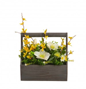 Floral arrangement with wooden  pot