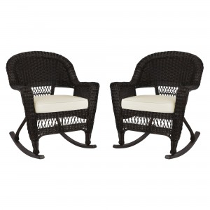 Espresso Rocker Wicker Chair with Ivory Cushion -  Set of 2