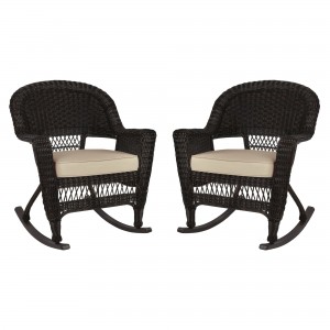 Espresso Rocker Wicker Chair with Tan Cushion -  Set of 2