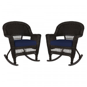 Espresso Rocker Wicker Chair with Midnight Blue Cushion -  Set of 2
