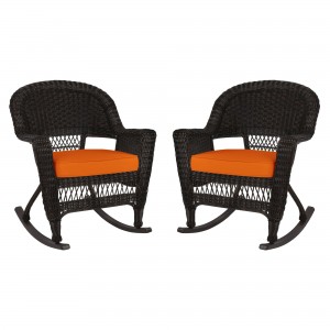 Espresso Rocker Wicker Chair with Orange Cushion -  Set of 2
