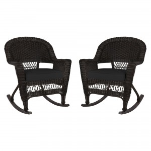 Espresso Rocker Wicker Chair with Black Cushion -  Set of 2