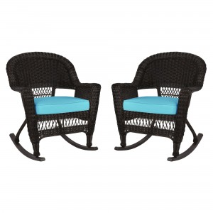 Espresso Rocker Wicker Chair with Sky Blue Cushion -  Set of 2