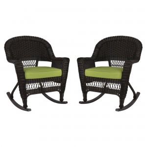 Espresso Rocker Wicker Chair with Sage Green Cushion -  Set of 2