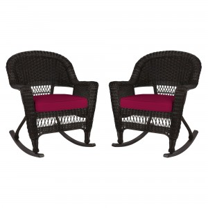 Espresso Rocker Wicker Chair with Red Cushion -  Set of 2