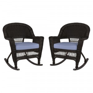 Espresso Rocker Wicker Chair with Steel Blue Cushion -  Set of 2