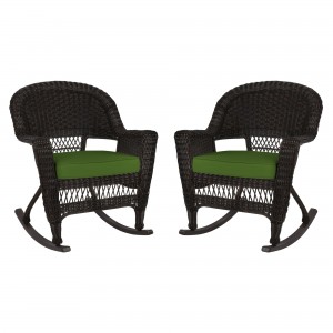 Espresso Rocker Wicker Chair with Hunter Green Cushion -  Set of 2