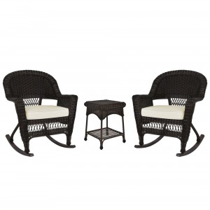 3pc Espresso Rocker Wicker Chair Set With Ivory Cushion