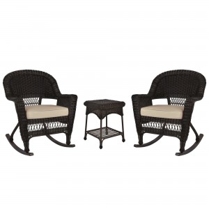 3pc Espresso Rocker Wicker Chair Set With Tan Cushion