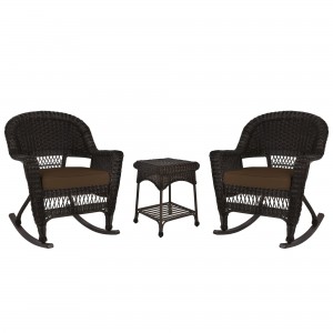 3pc Espresso Rocker Wicker Chair Set With Brown Cushion