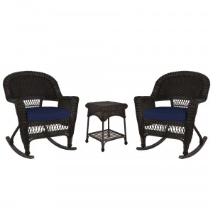 3pc Espresso Rocker Wicker Chair Set With Midnight Blue Cushion