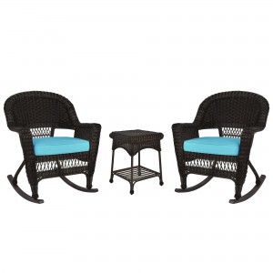 3pc Espresso Rocker Wicker Chair Set With Sky Blue Cushion