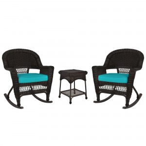 3pc Espresso Rocker Wicker Chair Set With Turquoise Cushion
