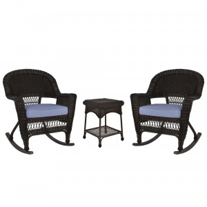 3pc Espresso Rocker Wicker Chair Set With Steel Blue Cushion