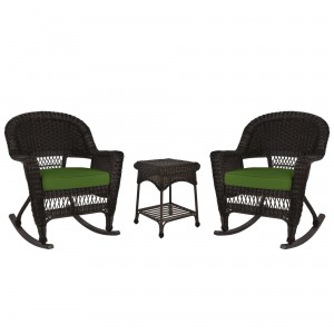 3pc Espresso Rocker Wicker Chair Set With Hunter Green Cushion