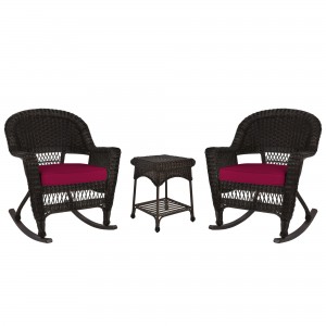 3pc Espresso Rocker Wicker Chair Set With Red Cushion