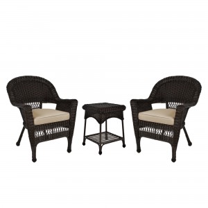 Espresso Wicker Chair And End Table Set With Tan Chair Cushion