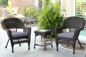 Espresso Wicker Chair And End Table Set With Steel Blue Chair Cushion