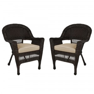 Espresso Wicker Chair With Tan Cushion - Set of 2