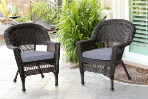 Espresso Wicker Chair With Steel Blue Cushion - Set of 2