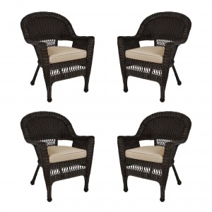 Espresso Wicker Chair With Tan Cushion - Set of 4