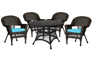5pc Espresso Wicker Dining Set - Sky Blue Cushions