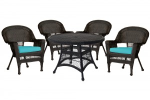 5pc Espresso Wicker Dining Set - Turquoise Cushions